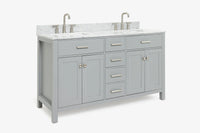 Ariel bristol 61 in. double rectangle sink vanity with 0.75 in. carrara white marble countertop in grey