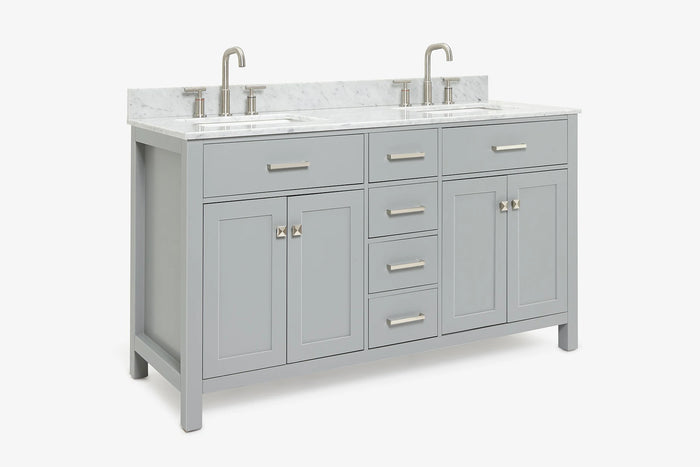 Ariel bristol 61 in. double rectangle sink vanity with 0.75 in. carrara white marble countertop in grey