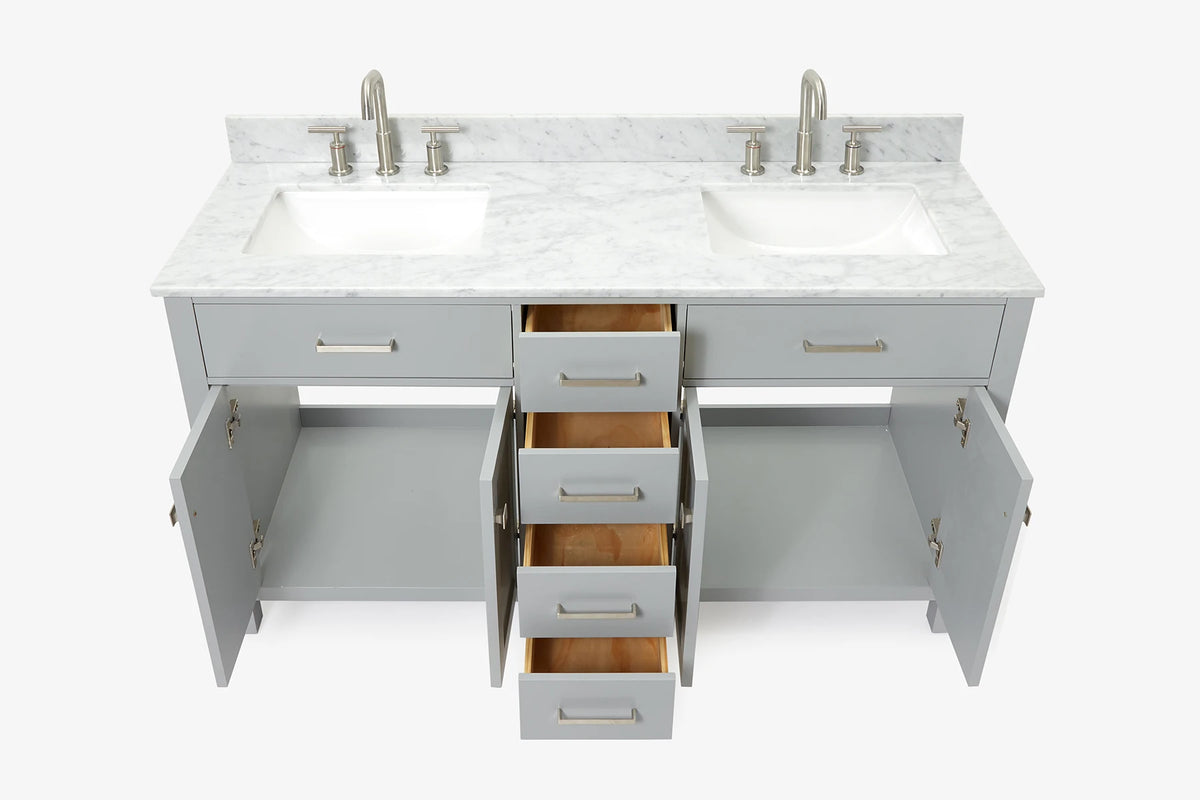 Ariel bristol 61 in. double rectangle sink vanity with 0.75 in. carrara white marble countertop in grey