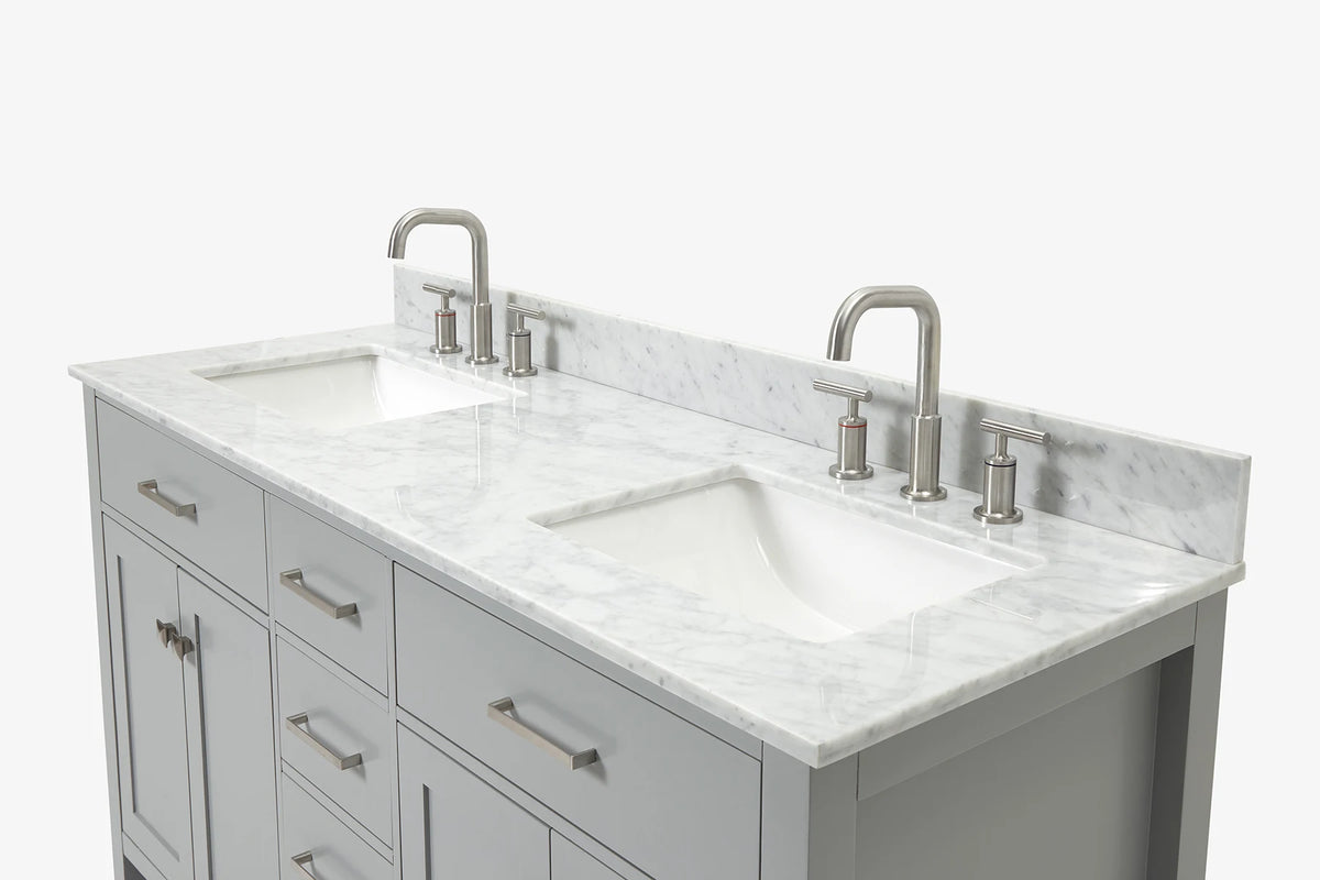 Ariel bristol 61 in. double rectangle sink vanity with 0.75 in. carrara white marble countertop in grey