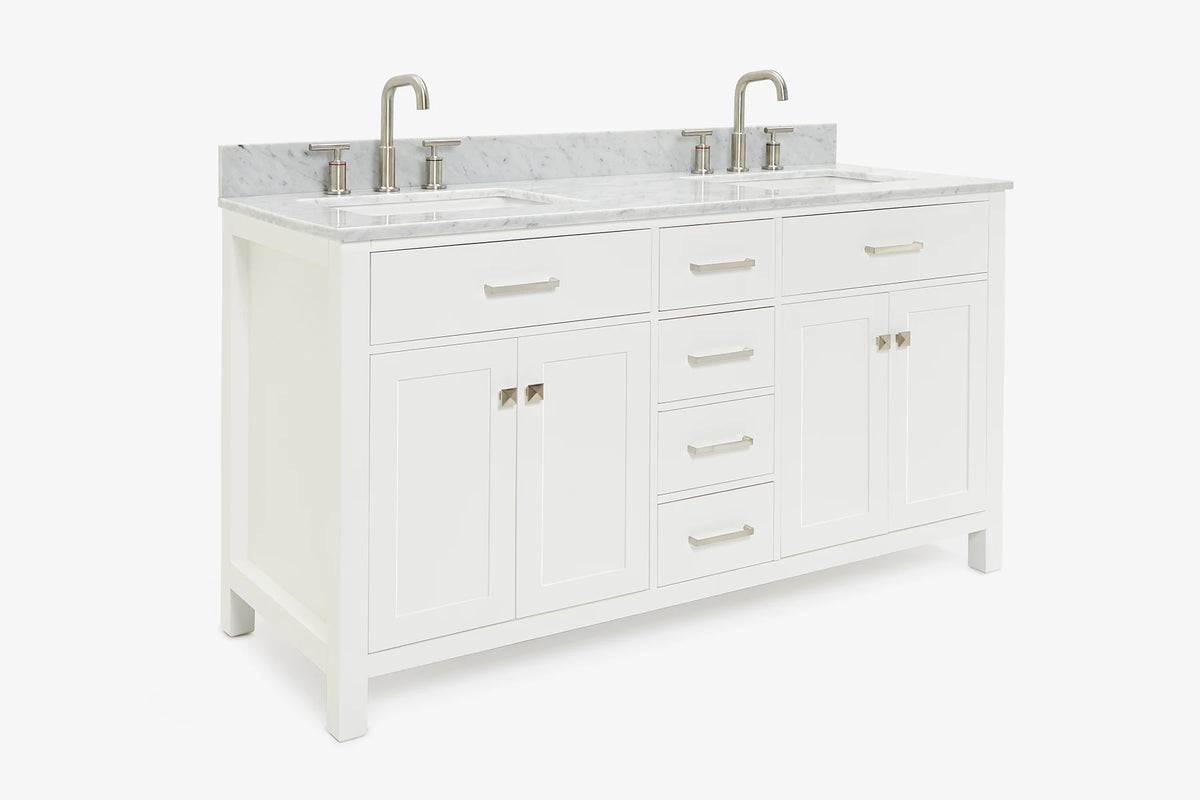Ariel bristol 61 in. double rectangle sink vanity with 0.75 in. carrara white marble countertop in grey