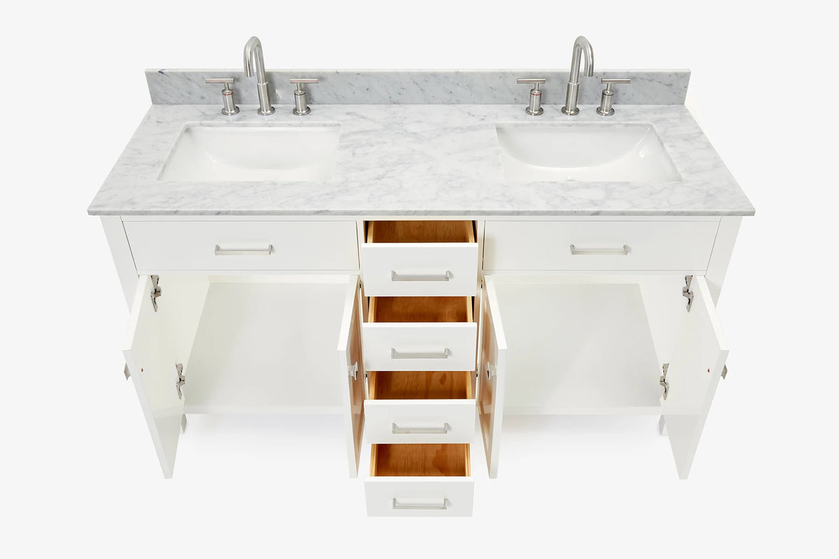 Ariel bristol 61 in. double rectangle sink vanity with 0.75 in. carrara white marble countertop in grey
