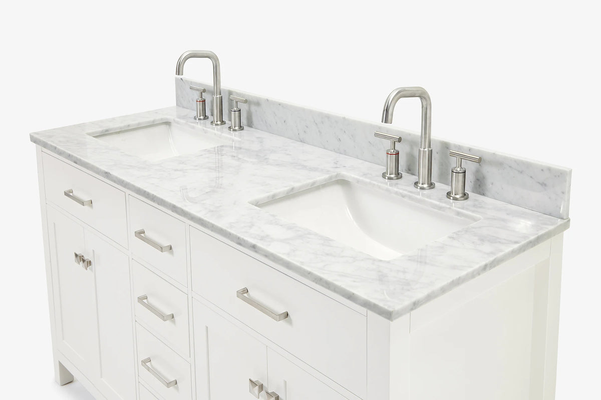 Ariel bristol 61 in. double rectangle sink vanity with 0.75 in. carrara white marble countertop in grey