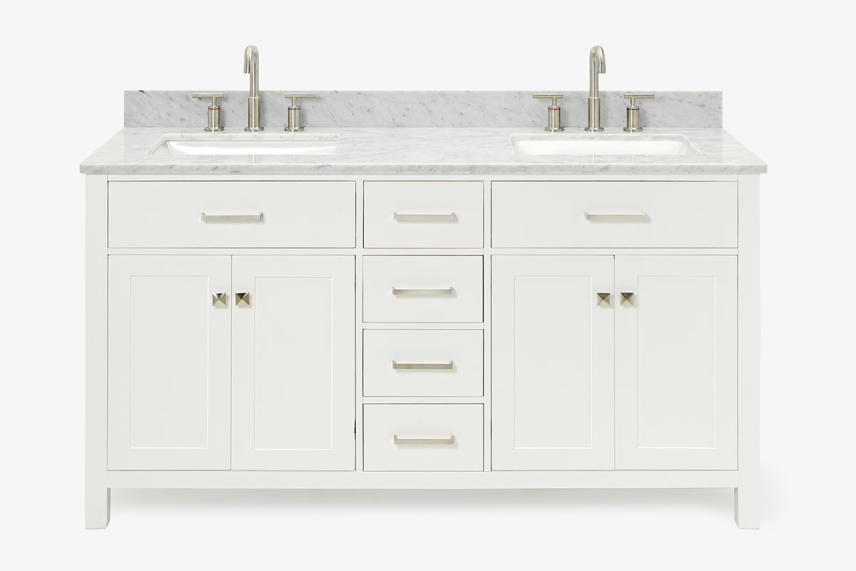 Ariel bristol 61 in. double rectangle sink vanity with 0.75 in. carrara white marble countertop in grey