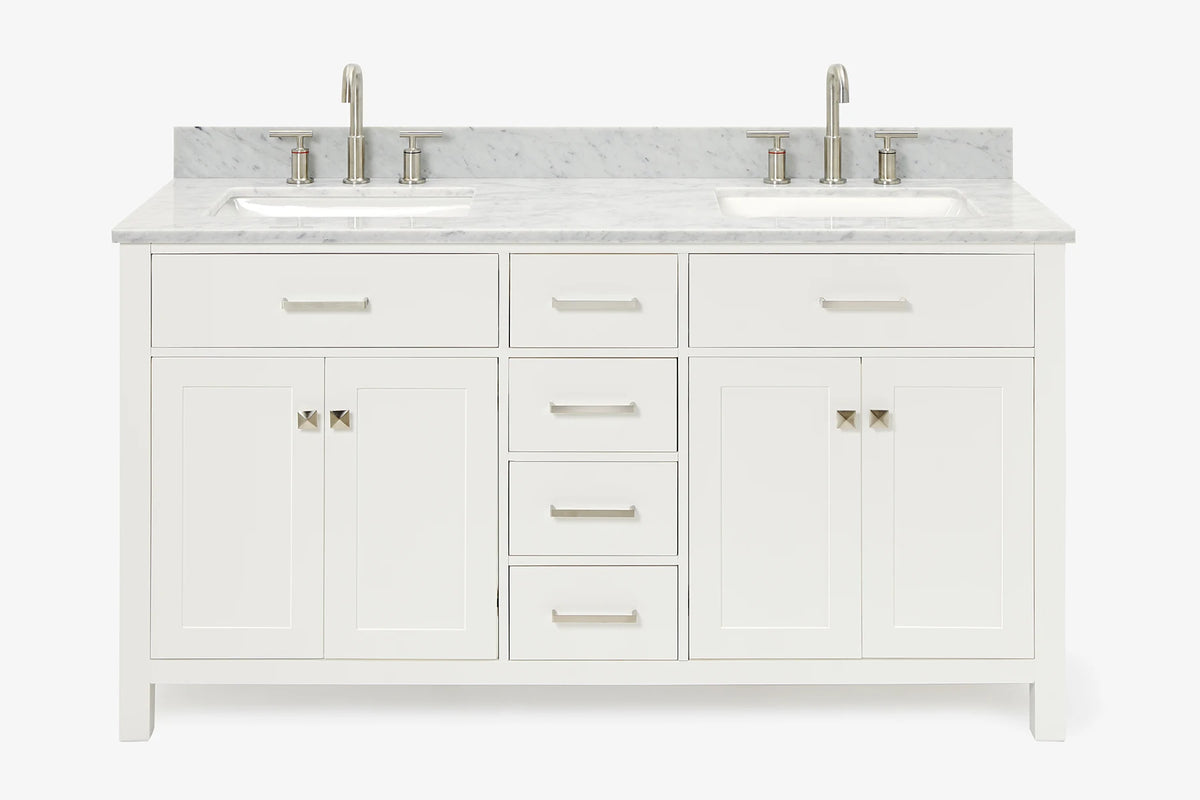 Ariel bristol 61 in. double rectangle sink vanity with 0.75 in. carrara white marble countertop in grey