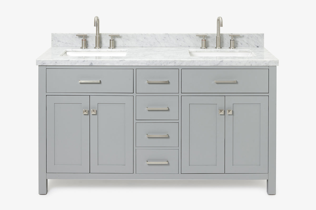 Ariel bristol 61 in. double rectangle sink vanity with 0.75 in. carrara white marble countertop in grey