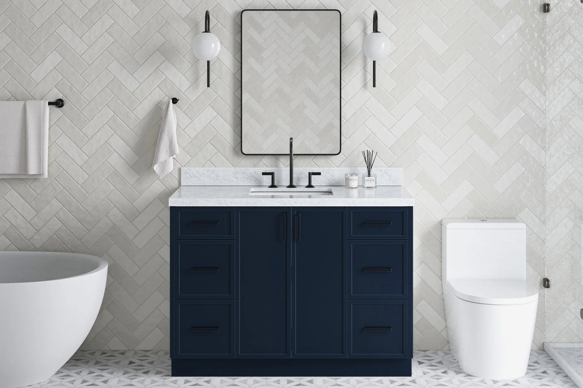 Ariel kelly 49 inch single rectangle sink bathroom vanity with carrara marble countertop 1.5 inch edge