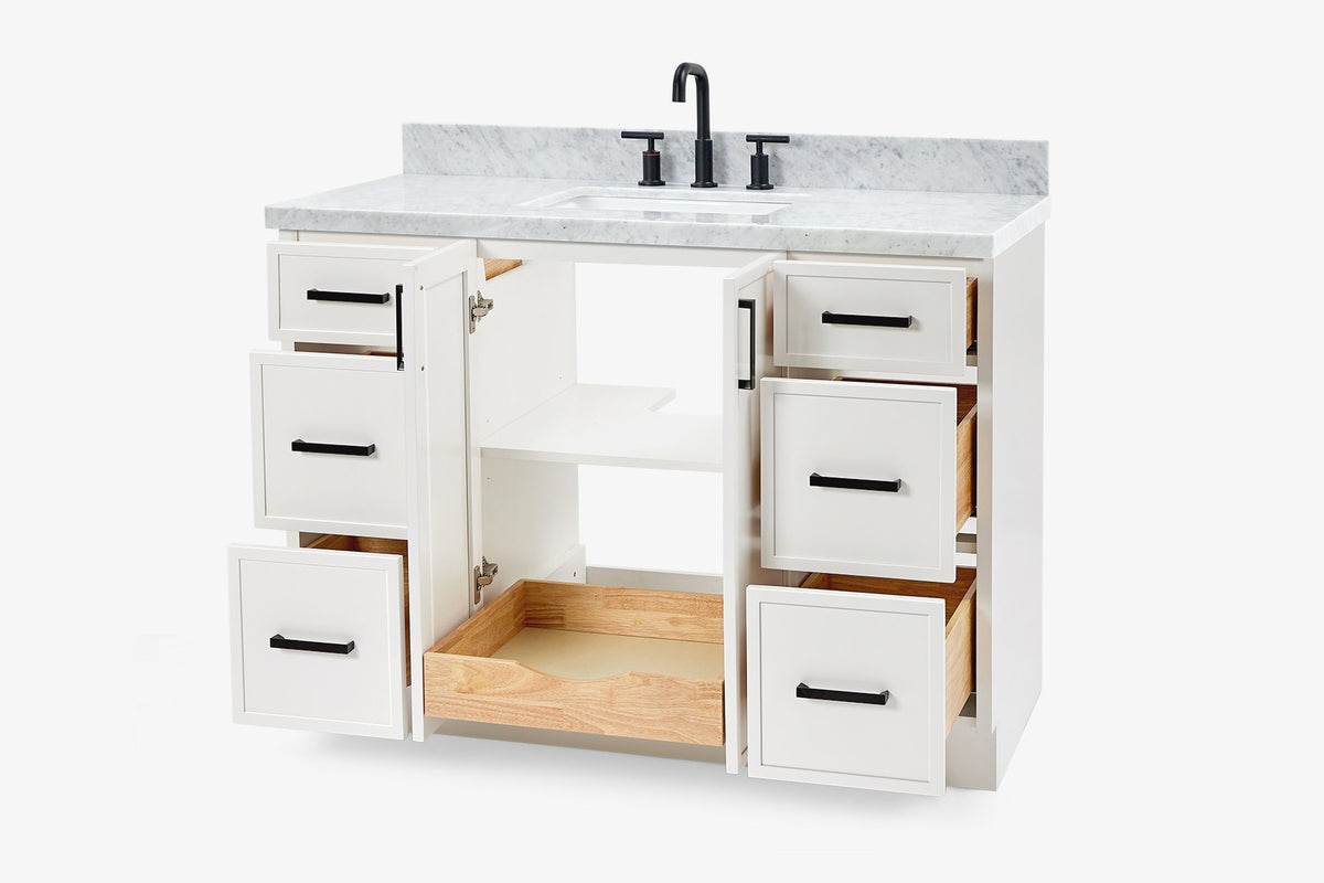 Ariel kelly 49 inch single rectangle sink bathroom vanity with carrara marble countertop 1.5 inch edge