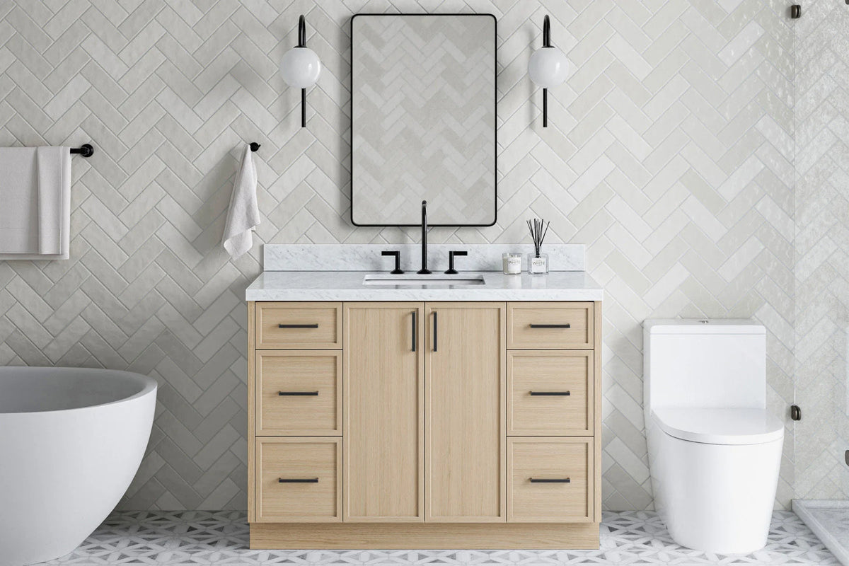Ariel kelly 49 inch single rectangle sink bathroom vanity with carrara marble countertop 1.5 inch edge