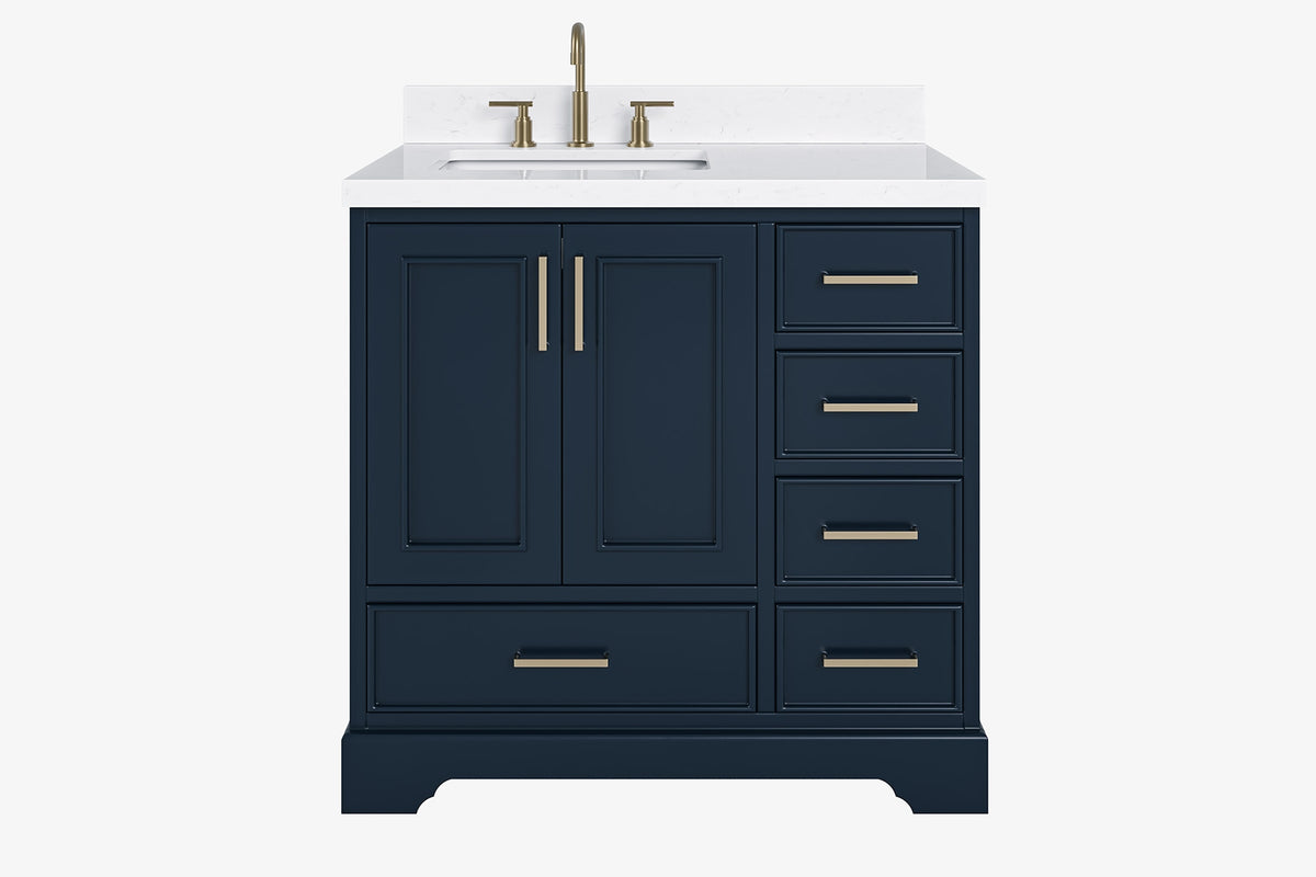 Ariel stafford 37 inch single left offset rectangle sink vanity with carrara white marble countertop w/0.75" edge in midnight blue