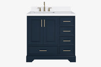 Ariel stafford 37 inch single left offset rectangle sink vanity with carrara white marble countertop w/0.75" edge in midnight blue
