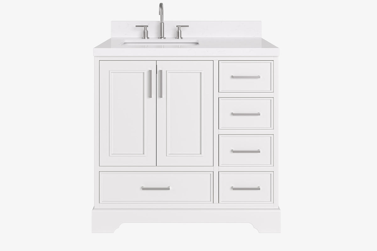 Ariel stafford 37 inch single left offset rectangle sink vanity with carrara white marble countertop w/0.75" edge in midnight blue
