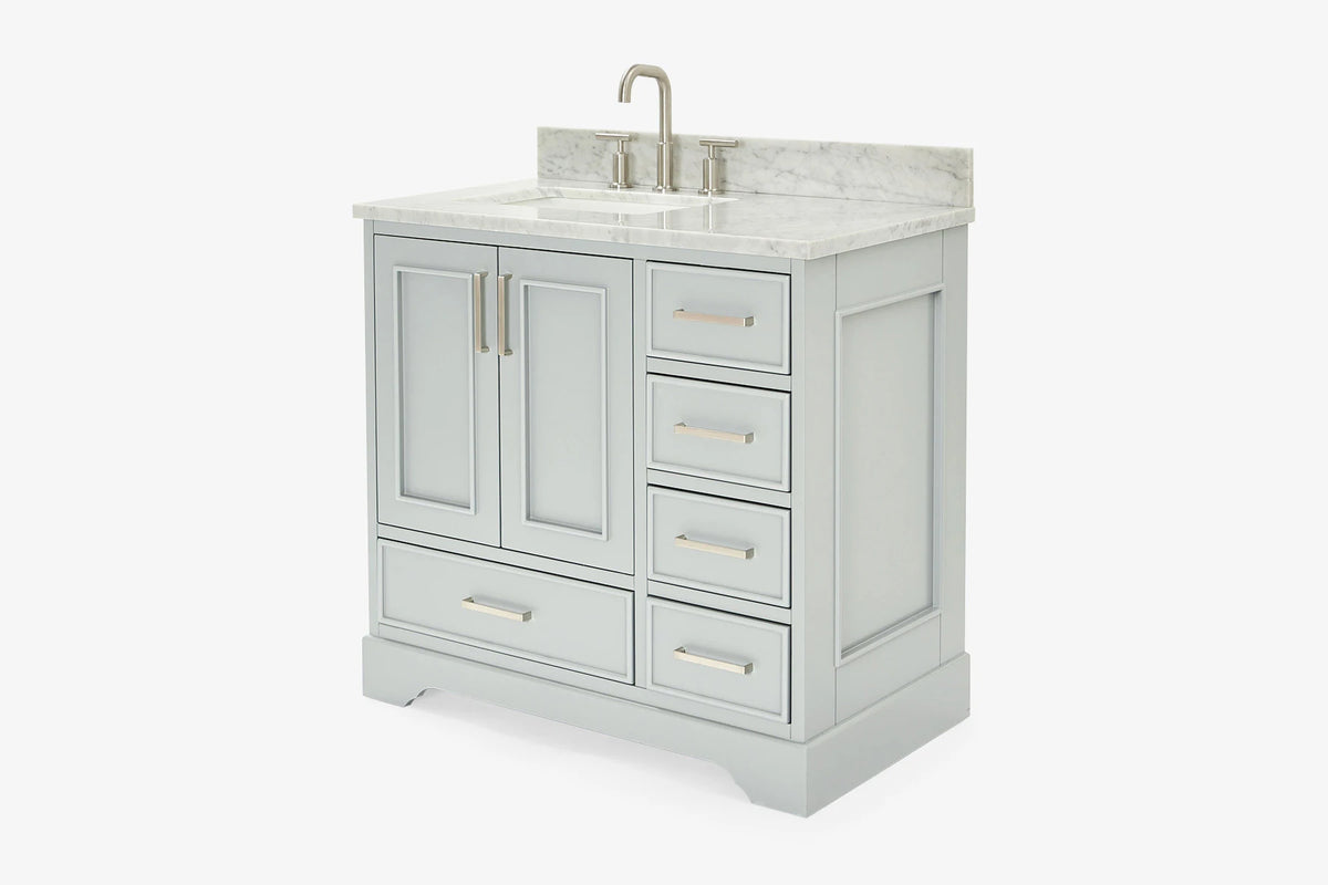 Ariel stafford 37 inch single left offset rectangle sink vanity with carrara white marble countertop w/0.75" edge in midnight blue