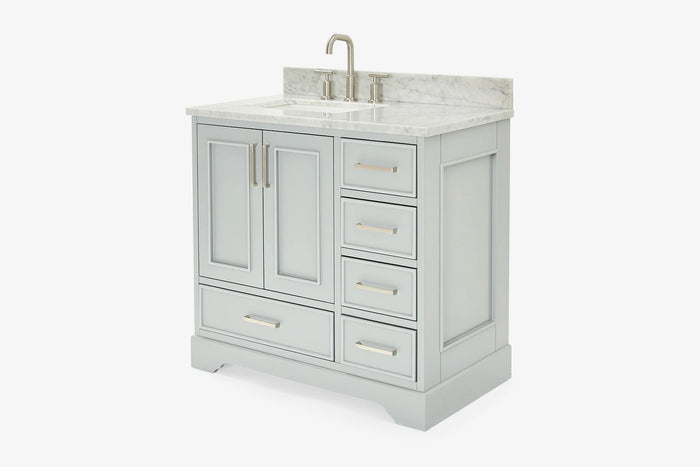 Ariel stafford 37 inch single left offset rectangle sink vanity with carrara white marble countertop w/0.75" edge in midnight blue