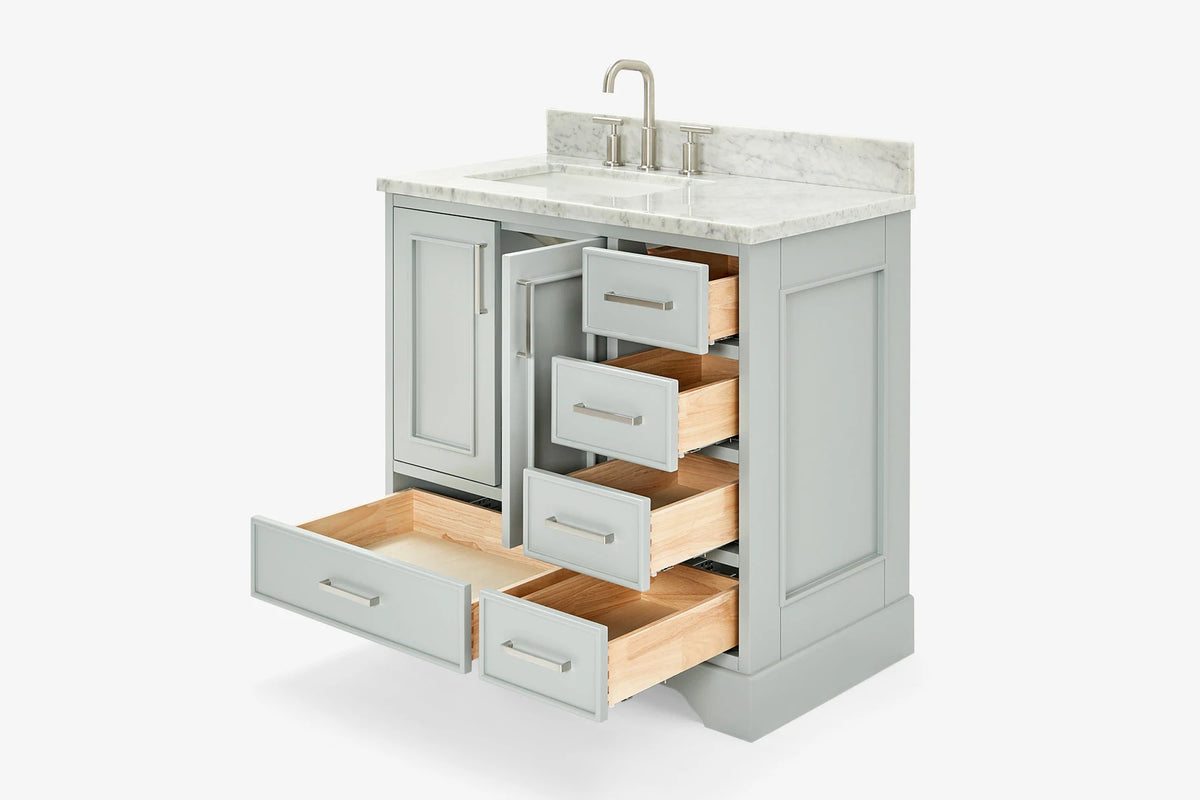 Ariel stafford 37 inch single left offset rectangle sink vanity with carrara white marble countertop w/0.75" edge in midnight blue