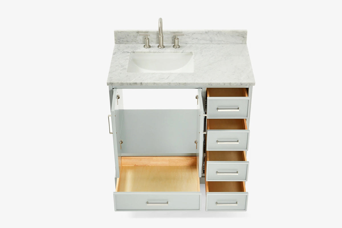 Ariel stafford 37 inch single left offset rectangle sink vanity with carrara white marble countertop w/0.75" edge in midnight blue