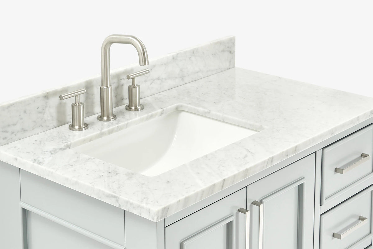Ariel stafford 37 inch single left offset rectangle sink vanity with carrara white marble countertop w/0.75" edge in midnight blue