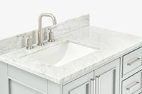 Ariel stafford 37 inch single left offset rectangle sink vanity with carrara white marble countertop w/0.75" edge in midnight blue