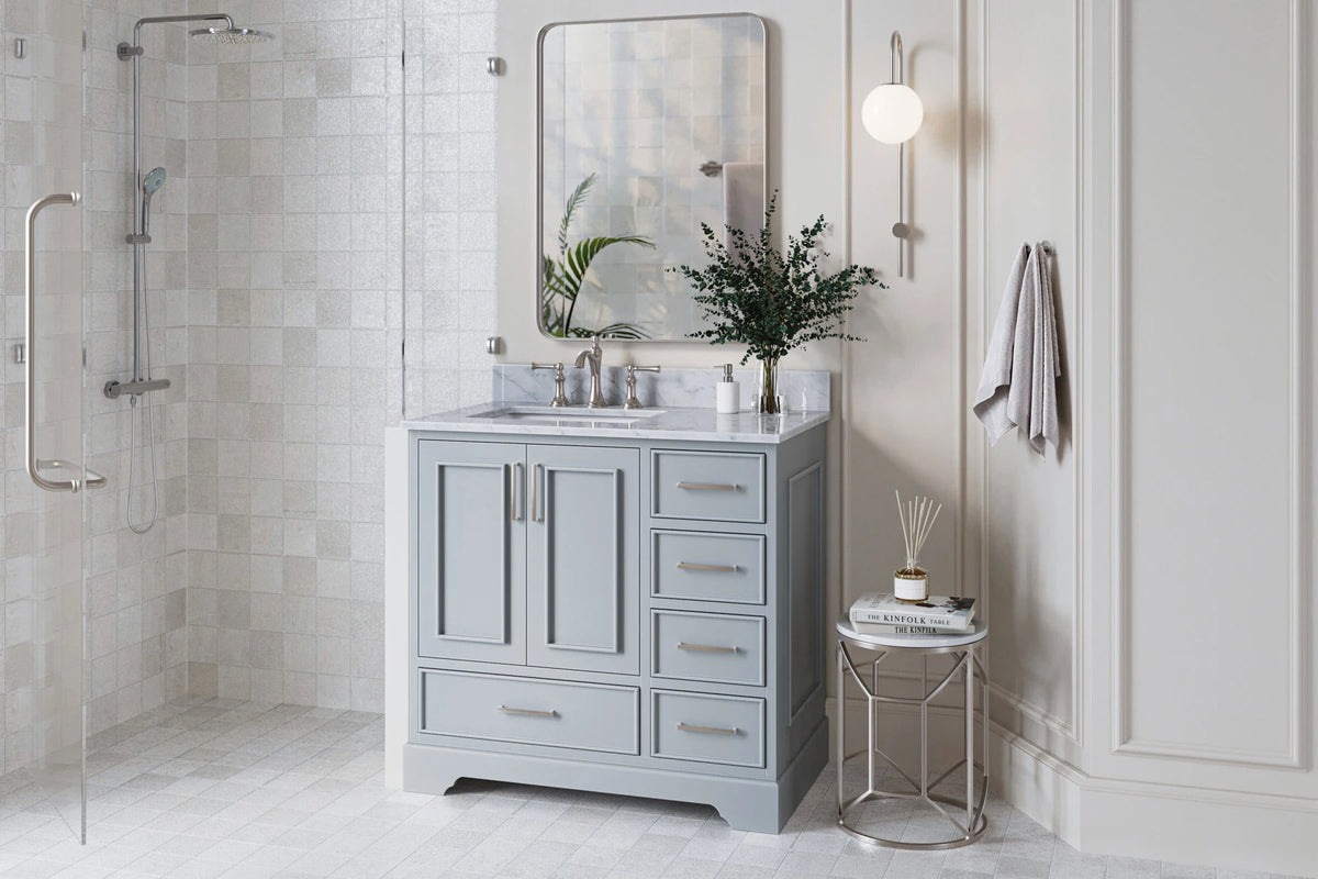 Ariel stafford 37 inch single left offset rectangle sink vanity with carrara white marble countertop w/0.75" edge in midnight blue