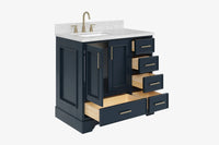 Ariel stafford 37 inch single left offset rectangle sink vanity with carrara white marble countertop w/0.75" edge in midnight blue