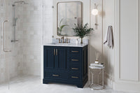 Ariel stafford 37 inch single left offset rectangle sink vanity with carrara white marble countertop w/0.75" edge in midnight blue