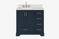 Ariel stafford 37 inch single left offset rectangle sink vanity with carrara white marble countertop w/0.75" edge in midnight blue