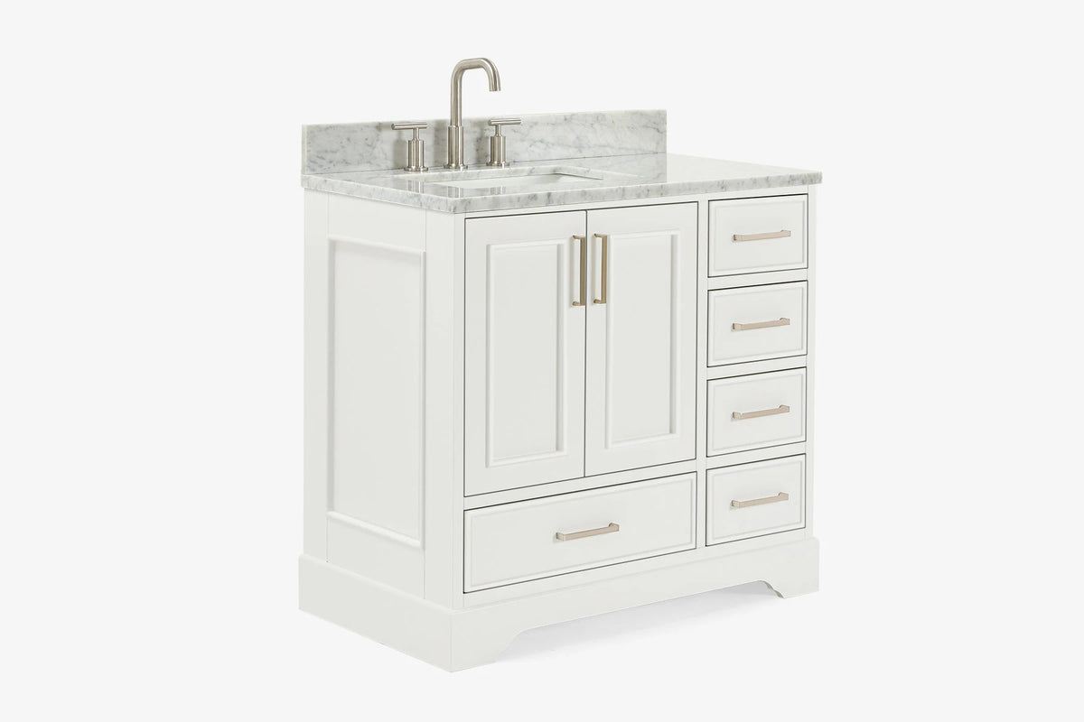 Ariel stafford 37 inch single left offset rectangle sink vanity with carrara white marble countertop w/0.75" edge in midnight blue