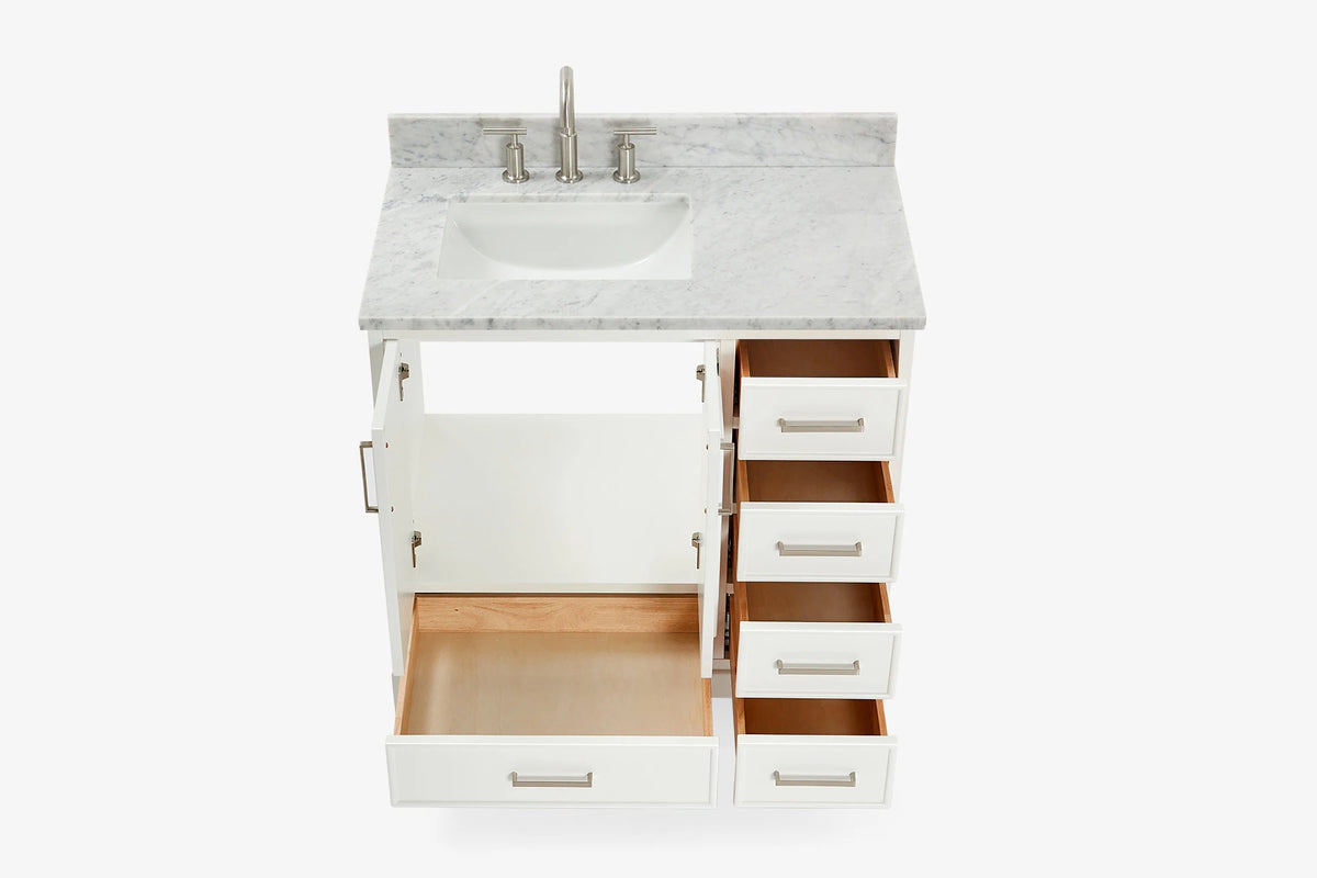 Ariel stafford 37 inch single left offset rectangle sink vanity with carrara white marble countertop w/0.75" edge in midnight blue