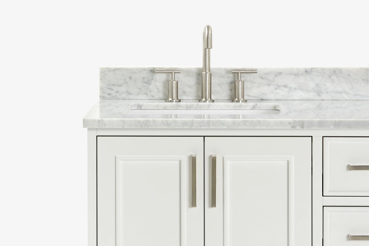 Ariel stafford 37 inch single left offset rectangle sink vanity with carrara white marble countertop w/0.75" edge in midnight blue