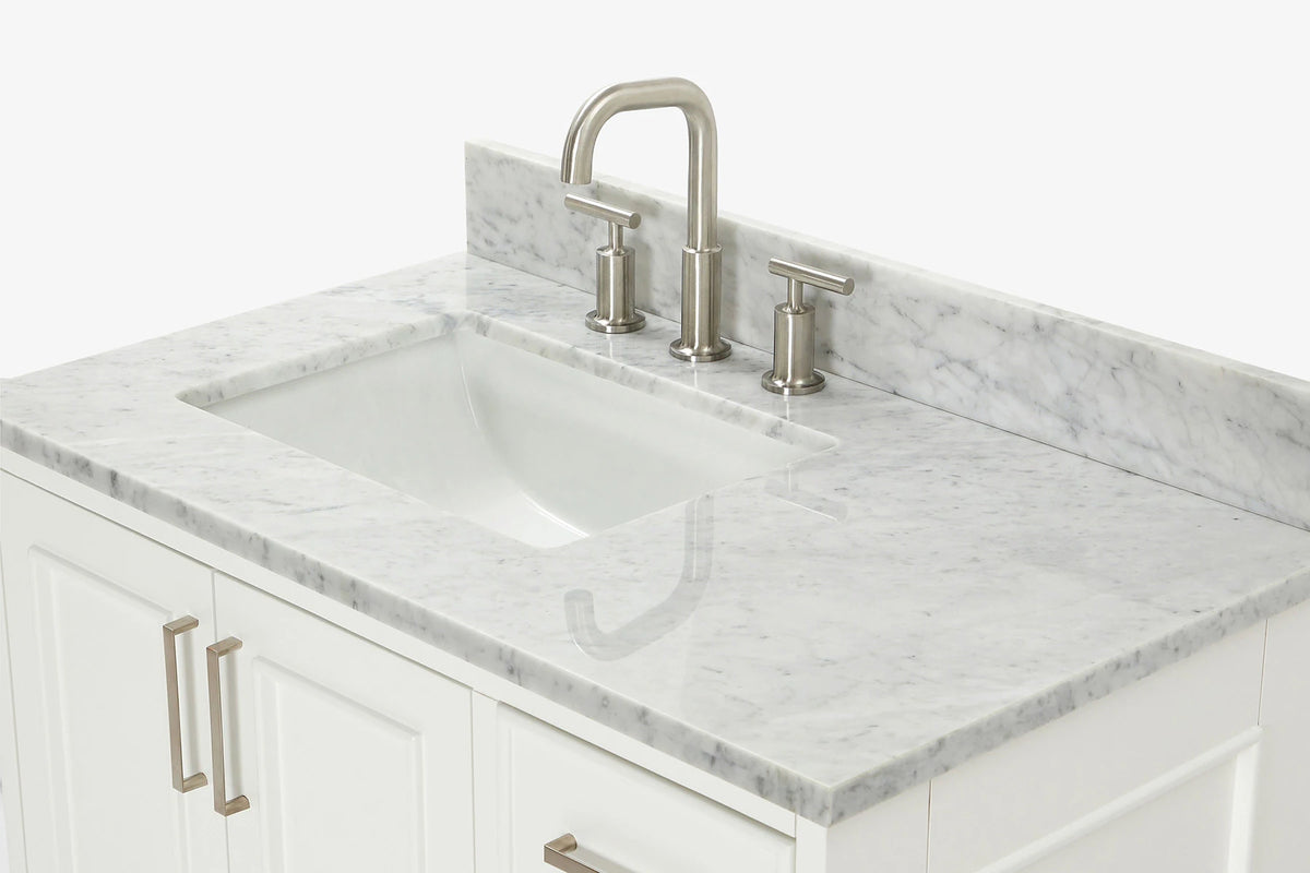 Ariel stafford 37 inch single left offset rectangle sink vanity with carrara white marble countertop w/0.75" edge in midnight blue
