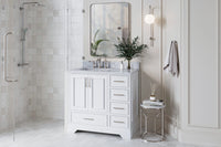 Ariel stafford 37 inch single left offset rectangle sink vanity with carrara white marble countertop w/0.75" edge in midnight blue