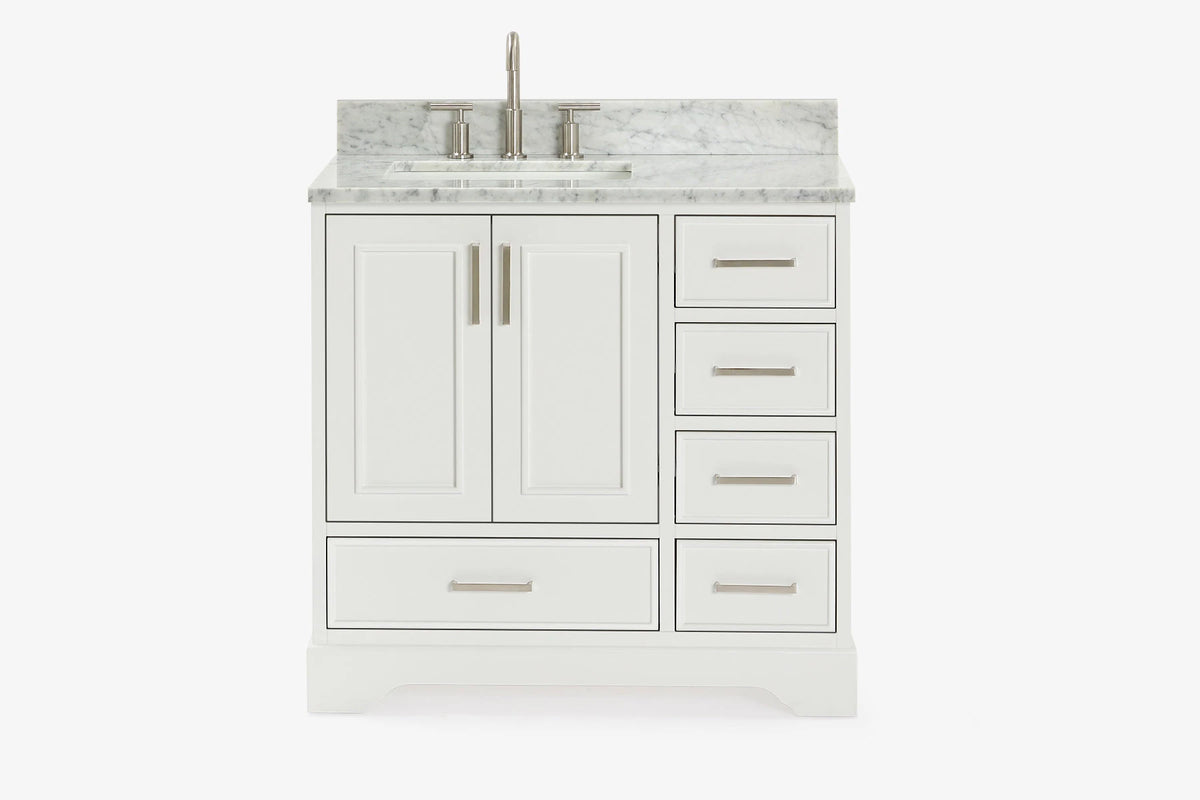Ariel stafford 37 inch single left offset rectangle sink vanity with carrara white marble countertop w/0.75" edge in midnight blue