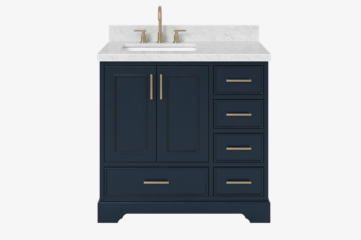 Ariel stafford 37 inch single left offset rectangle sink vanity with carrara white marble countertop w/0.75" edge in midnight blue