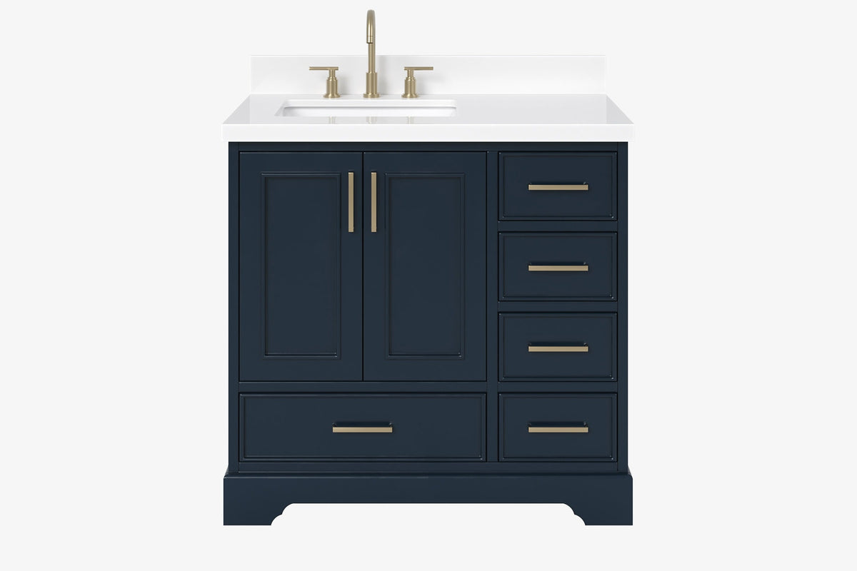 Ariel stafford 37 inch single left offset rectangle sink vanity with carrara white marble countertop w/0.75" edge in midnight blue