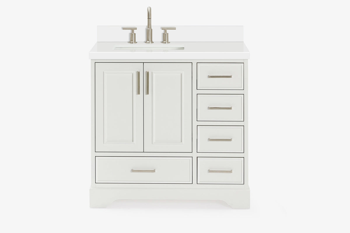 Ariel stafford 37 inch single left offset rectangle sink vanity with carrara white marble countertop w/0.75" edge in midnight blue