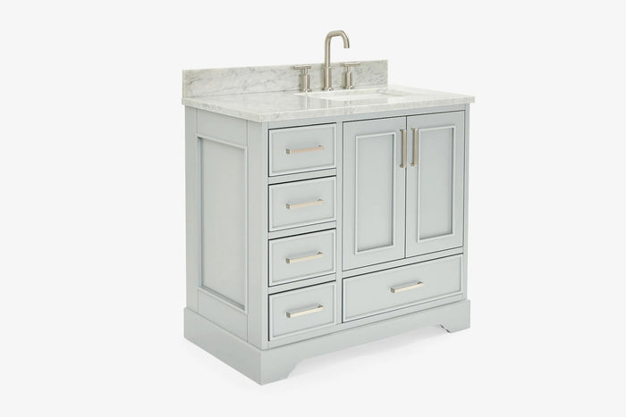 Ariel stafford 37 inch single right offset rectangle sink vanity with carrara white marble countertop w/0.75" edge in white