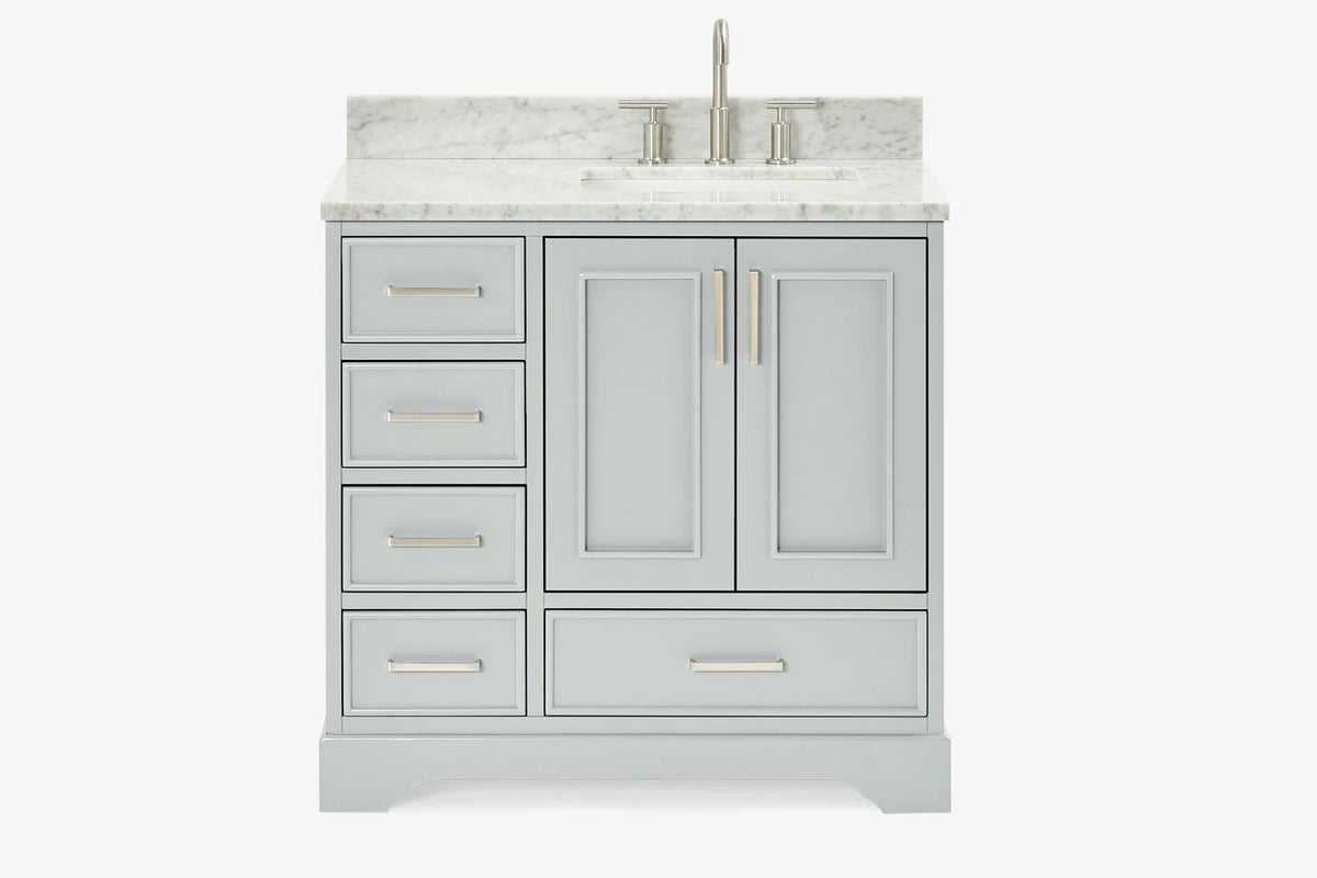Ariel stafford 37 inch single right offset rectangle sink vanity with carrara white marble countertop w/0.75" edge in white