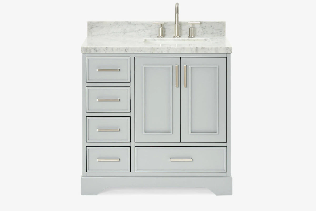 Ariel stafford 37 inch single right offset rectangle sink vanity with carrara white marble countertop w/0.75" edge in white