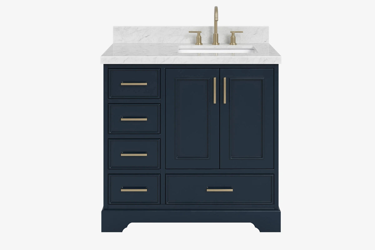 Ariel stafford 37 inch single right offset rectangle sink vanity with carrara white marble countertop w/0.75" edge in white