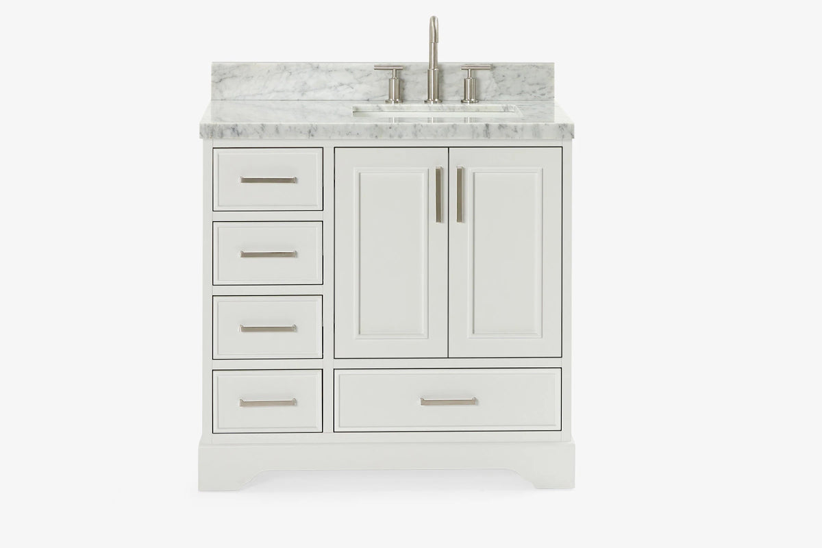 Skip to the beginning of the images gallery Ariel stafford 37 inch single right offset rectangle sink vanity with carrara white marble countertop w/0.75" edge in white