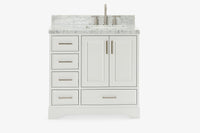 Skip to the beginning of the images gallery Ariel stafford 37 inch single right offset rectangle sink vanity with carrara white marble countertop w/0.75" edge in white