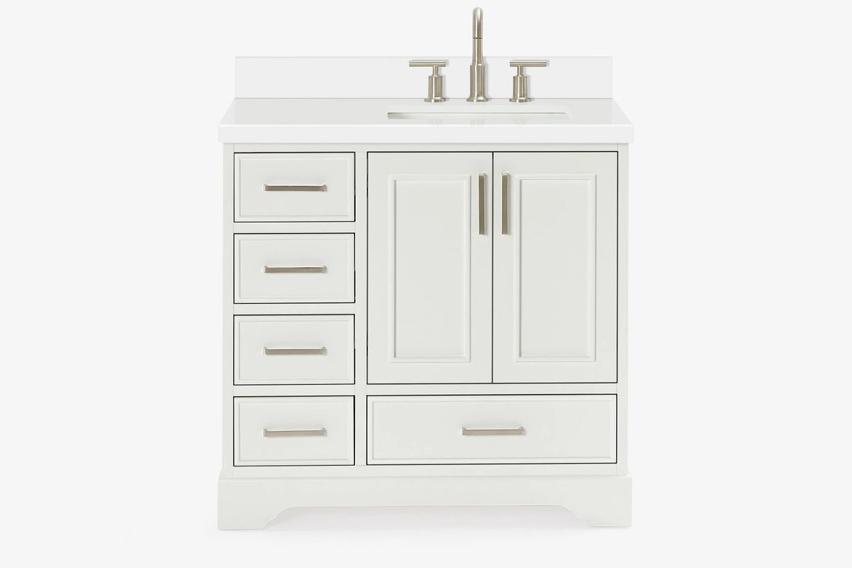 Ariel stafford 37 inch single right offset rectangle sink vanity with carrara white marble countertop w/0.75" edge in white