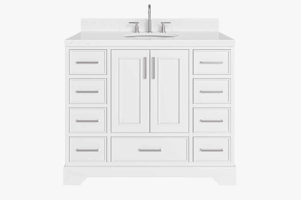 Skip to the beginning of the images gallery Ariel stafford 43 inch single oval sink vanity with carrara white marble countertop w/0.75" edge in white