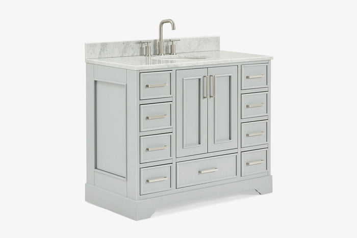 Skip to the beginning of the images gallery Ariel stafford 43 inch single oval sink vanity with carrara white marble countertop w/0.75" edge in white