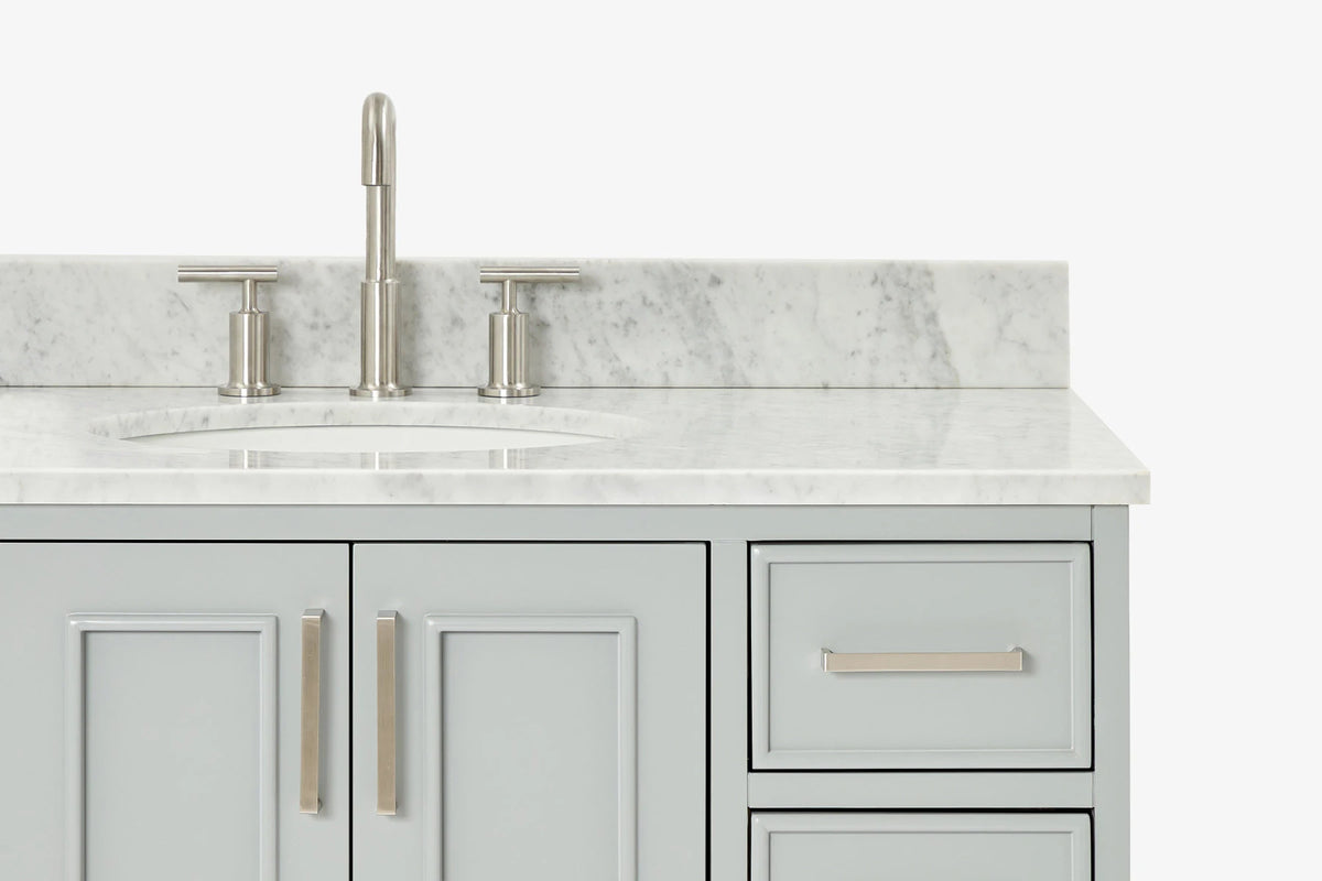 Skip to the beginning of the images gallery Ariel stafford 43 inch single oval sink vanity with carrara white marble countertop w/0.75" edge in white