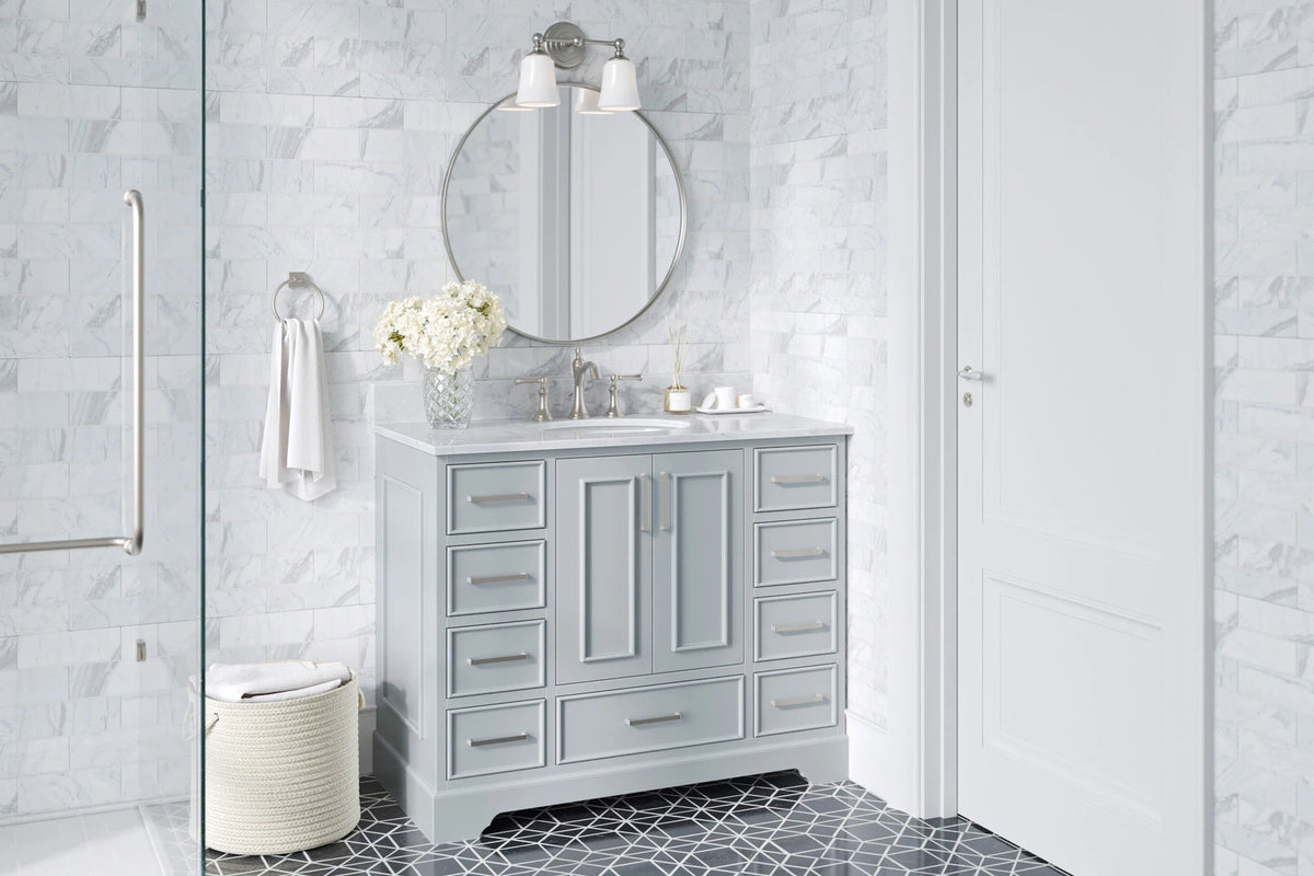 Skip to the beginning of the images gallery Ariel stafford 43 inch single oval sink vanity with carrara white marble countertop w/0.75" edge in white