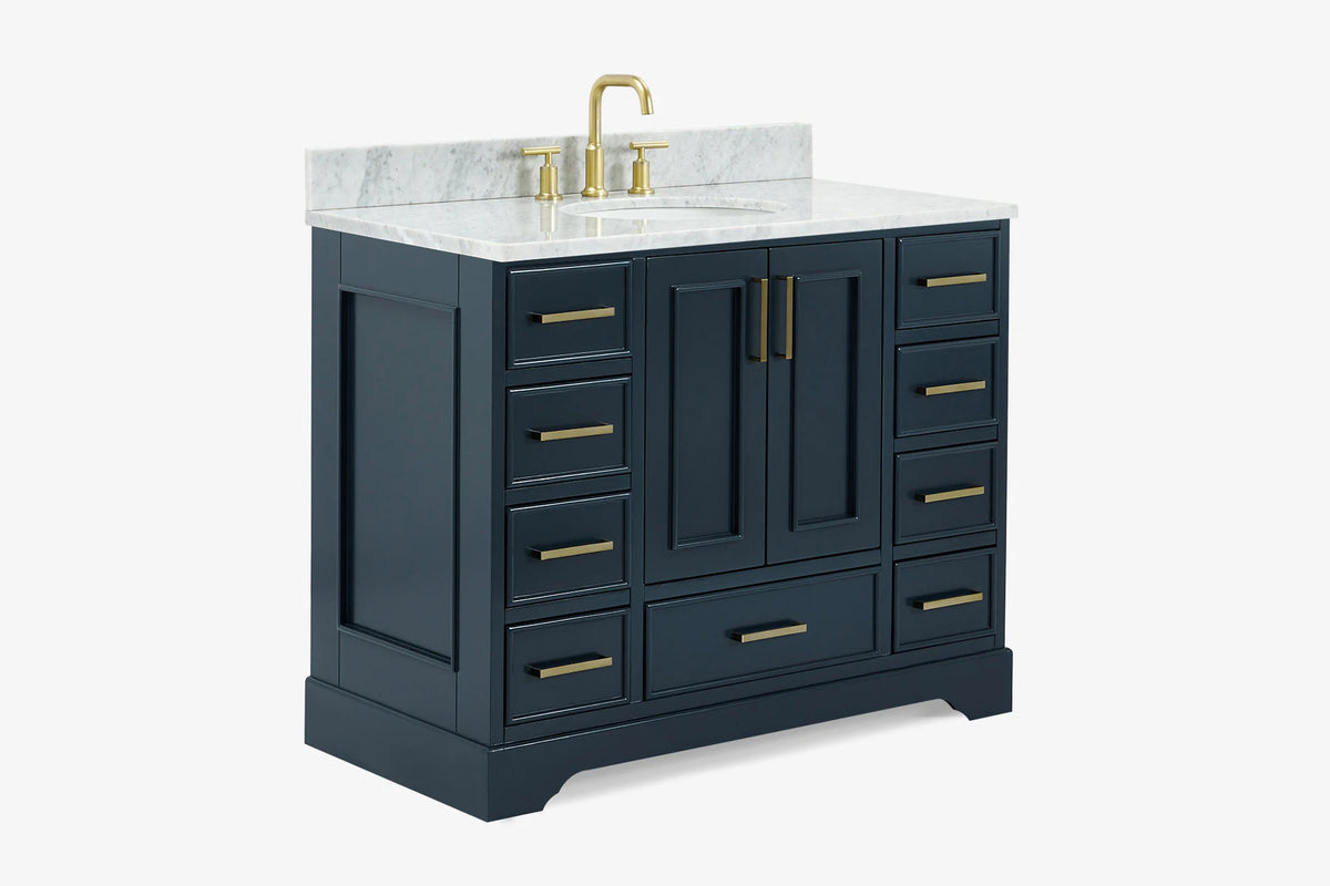 Skip to the beginning of the images gallery Ariel stafford 43 inch single oval sink vanity with carrara white marble countertop w/0.75" edge in white