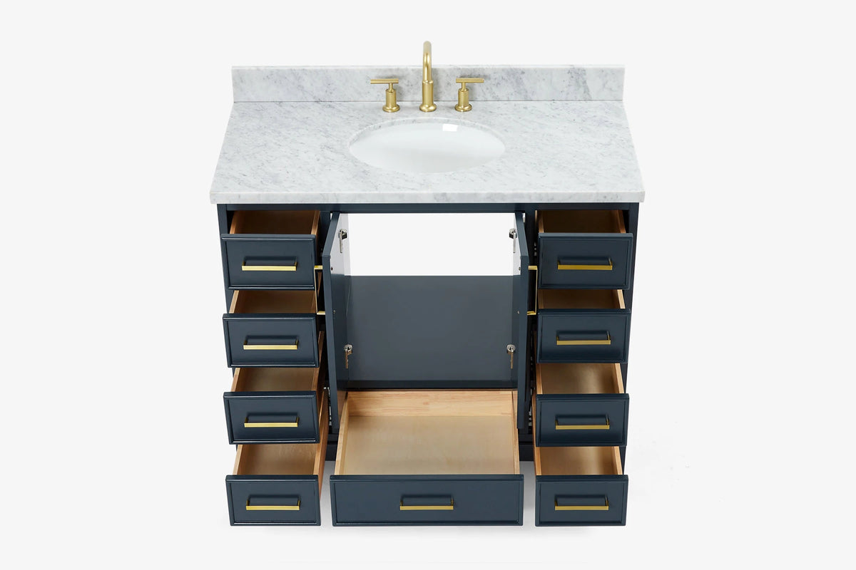 Skip to the beginning of the images gallery Ariel stafford 43 inch single oval sink vanity with carrara white marble countertop w/0.75" edge in white