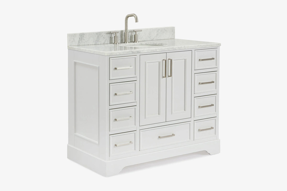 Skip to the beginning of the images gallery Ariel stafford 43 inch single oval sink vanity with carrara white marble countertop w/0.75" edge in white