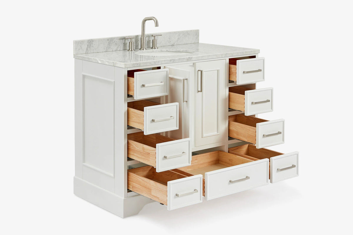Skip to the beginning of the images gallery Ariel stafford 43 inch single oval sink vanity with carrara white marble countertop w/0.75" edge in white